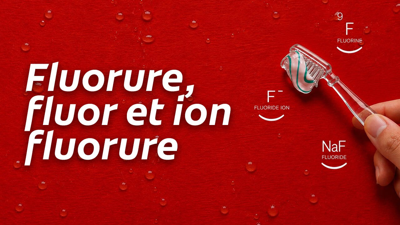 Une main tenant une brosse à dents avec du dentifrice sur un fond rouge goutté, avec les symboles chimiques du fluor et le texte « Fluorure, Fluor et ion Fluorure ».