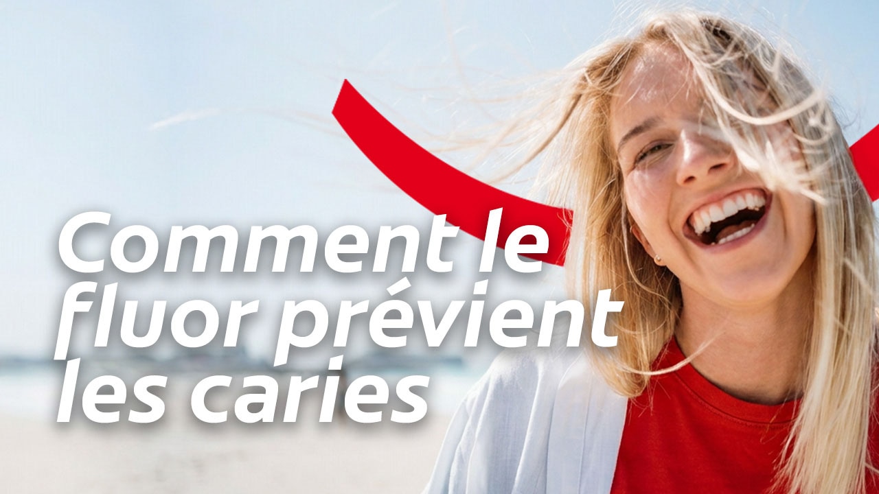 Une jeune femme blonde souriant à l'extérieur avec le vent dans les cheveux, accompagnée du texte « Comment le fluor prévient les caries ».