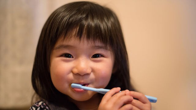 Une petite fille se brossant les dents et regardant la caméra