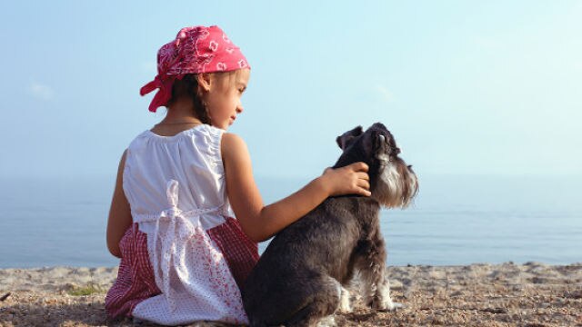 Une petite fille avec son chien regardant dans le vide